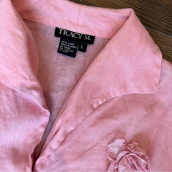 Pure linen pink blouse rhinestone buttons Floral Rose Detail size large - Picture 4 of 10